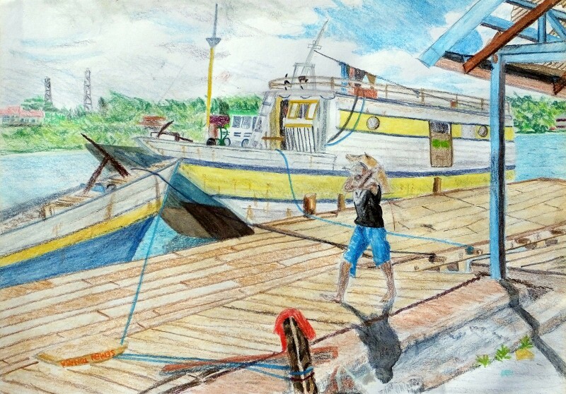 Colored Pencil Sketch of Anggrem harbor in Manokwari
