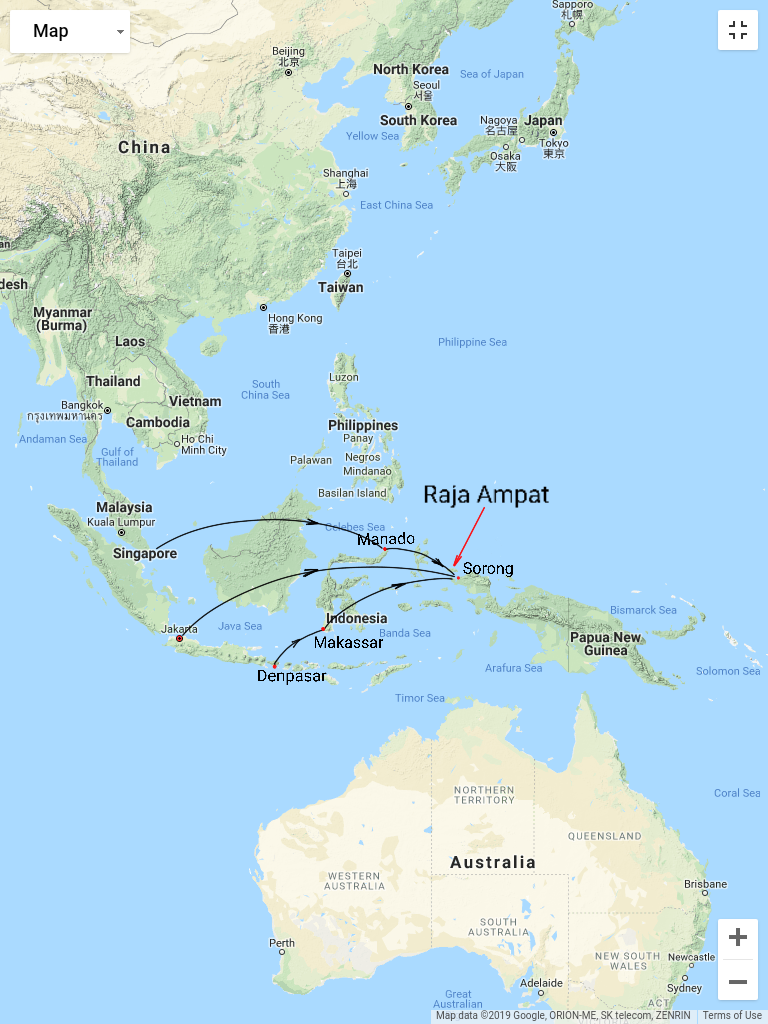 flight routes from Singapore, Jakarta and Denpasar to Sorong city for traveling to Raja Ampat route map to Raja Ampat