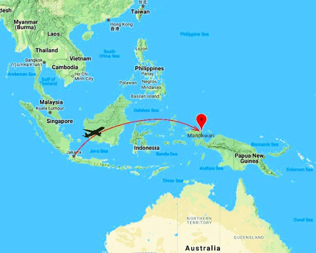 Indonesia map flight route from Jakarta to Manokwari