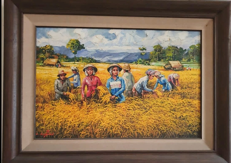 lukisan cat minyak gaya palet Panen Padi karya M. Anshori