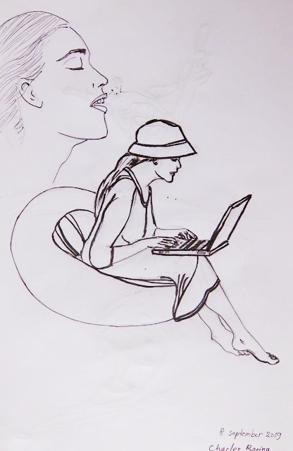 Sketch of a lady sitting on a couch.